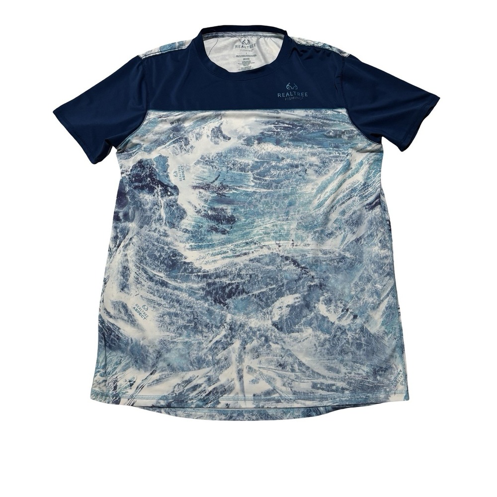 Realtree Fishing Blue Camouflage Short Sleeve Performance Shirt Sz Large 22 x 30